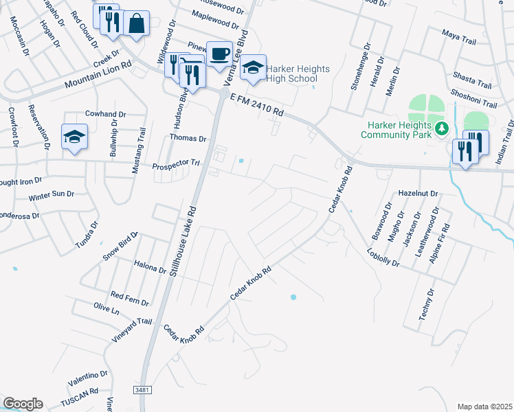 map of restaurants, bars, coffee shops, grocery stores, and more near 1104 Prospector Trail in Harker Heights