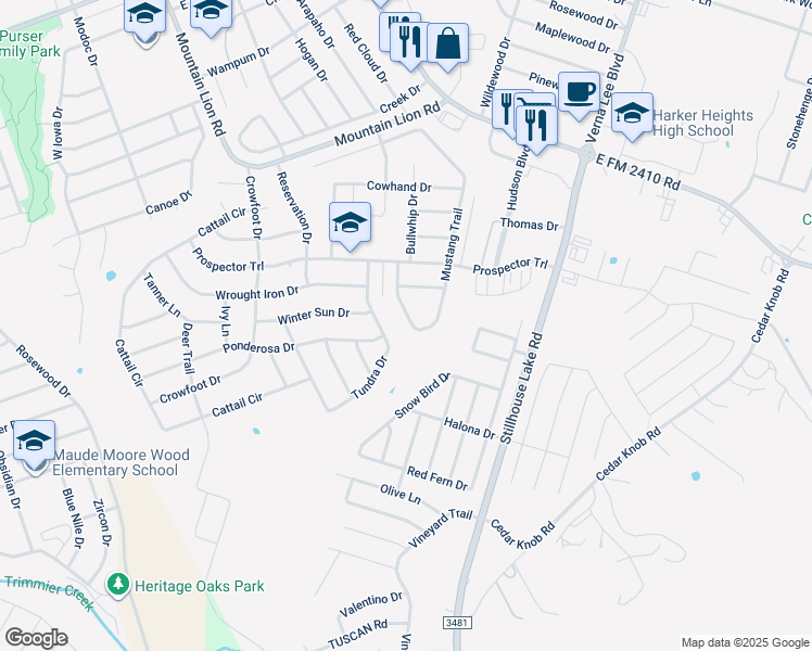 map of restaurants, bars, coffee shops, grocery stores, and more near 1005 Mustang Trail in Harker Heights