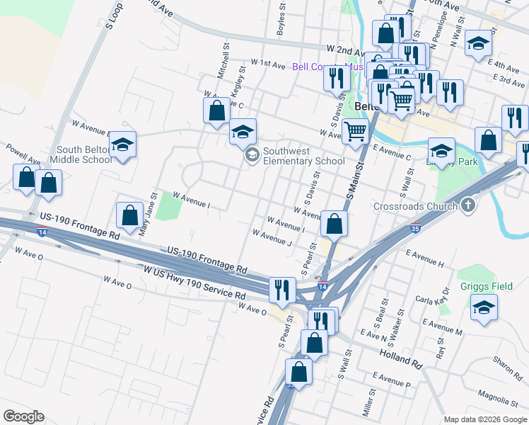map of restaurants, bars, coffee shops, grocery stores, and more near 504 West Avenue I in Belton