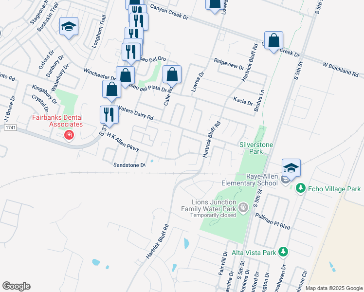map of restaurants, bars, coffee shops, grocery stores, and more near 5005 Sarah's Way in Temple
