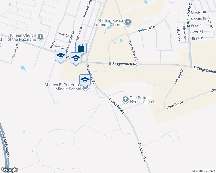 map of restaurants, bars, coffee shops, grocery stores, and more near 8590-8600 Trimmier Road in Killeen