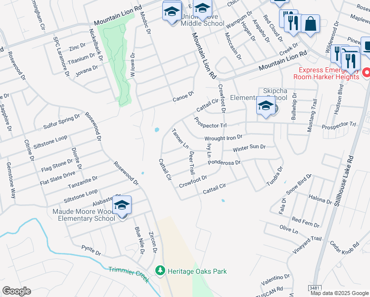 map of restaurants, bars, coffee shops, grocery stores, and more near 213 Tribal Trail in Harker Heights