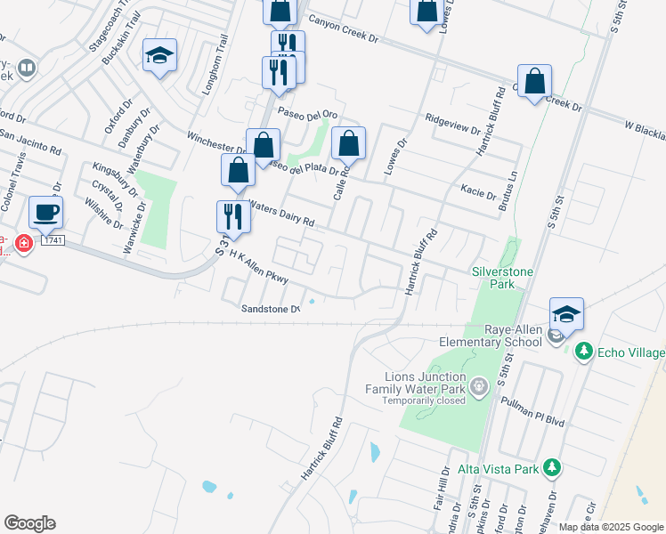 map of restaurants, bars, coffee shops, grocery stores, and more near Basalt Court in Temple