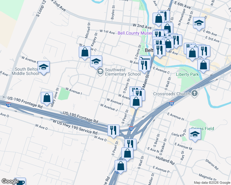 map of restaurants, bars, coffee shops, grocery stores, and more near 719 Surghnor Street in Belton