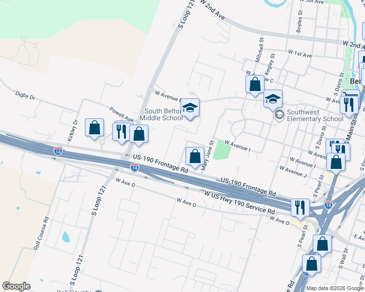 map of restaurants, bars, coffee shops, grocery stores, and more near 905 Concho Street in Belton