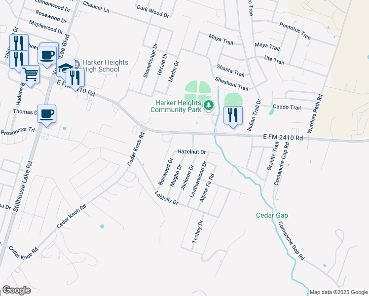 map of restaurants, bars, coffee shops, grocery stores, and more near 1507 Hazelnut Drive in Harker Heights