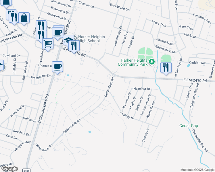 map of restaurants, bars, coffee shops, grocery stores, and more near 2962 Cedar Knob Road in Harker Heights