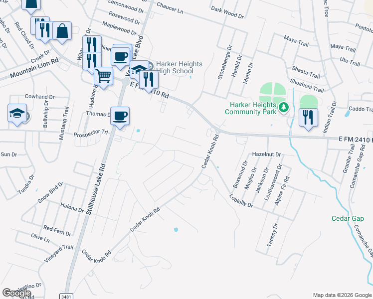 map of restaurants, bars, coffee shops, grocery stores, and more near 2962 Cedar Knob Road in Harker Heights