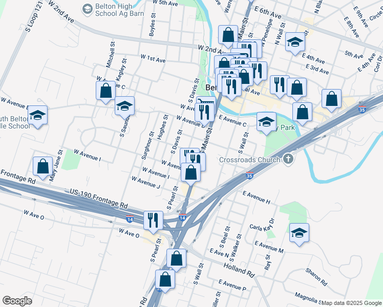 map of restaurants, bars, coffee shops, grocery stores, and more near 702 South Pearl Street in Belton