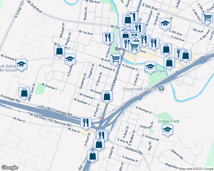 map of restaurants, bars, coffee shops, grocery stores, and more near 702 South Pearl Street in Belton