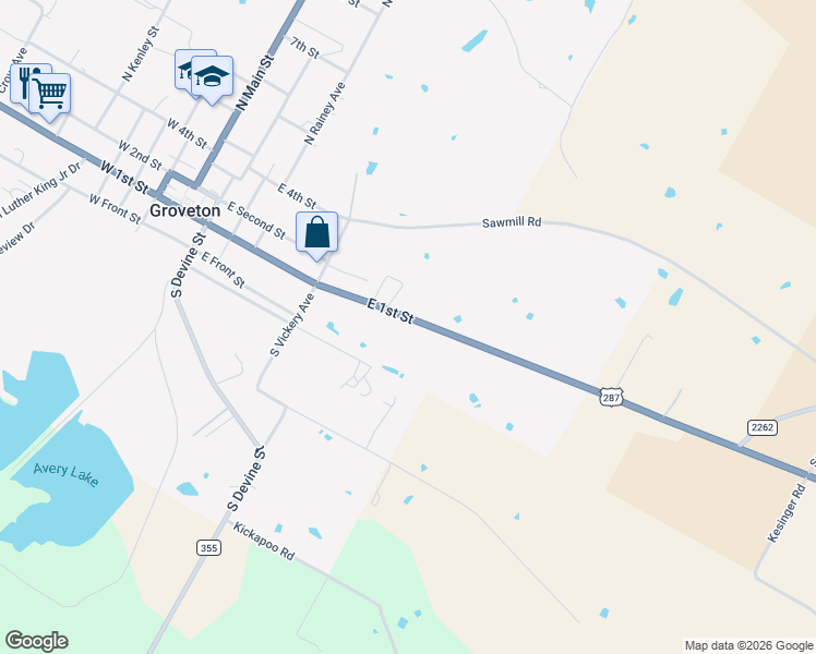 map of restaurants, bars, coffee shops, grocery stores, and more near 592 East 1st Street in Groveton