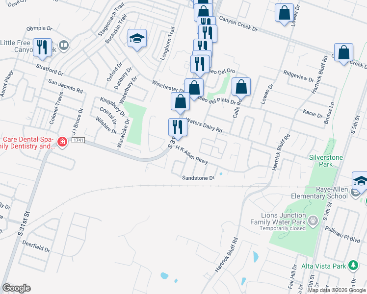 map of restaurants, bars, coffee shops, grocery stores, and more near 1518 H K Allen Parkway in Temple
