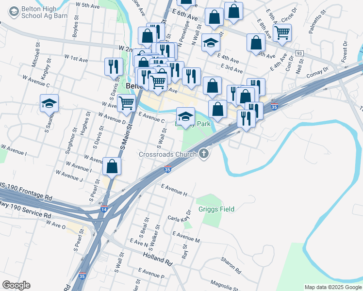 map of restaurants, bars, coffee shops, grocery stores, and more near 512 East Avenue C in Belton