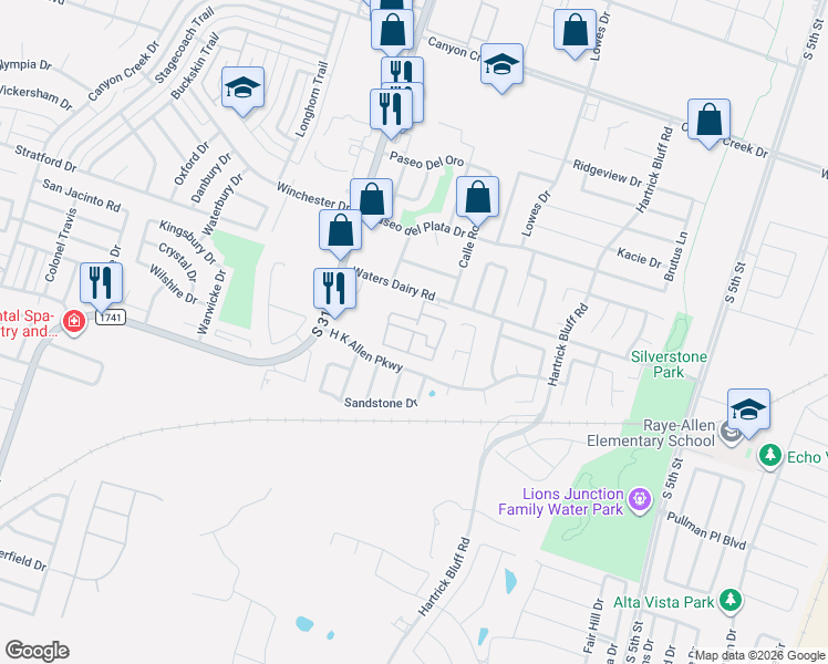 map of restaurants, bars, coffee shops, grocery stores, and more near 1213 Waters Dairy Road in Temple
