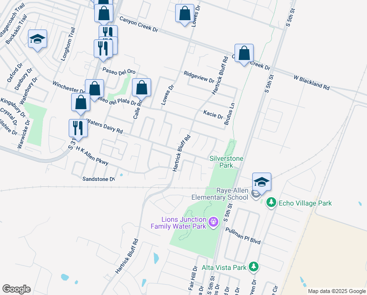 map of restaurants, bars, coffee shops, grocery stores, and more near 4809 Hartrick Bluff Road in Temple