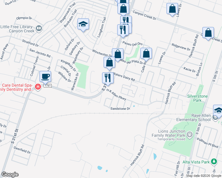 map of restaurants, bars, coffee shops, grocery stores, and more near 1518 H K Allen Parkway in Temple
