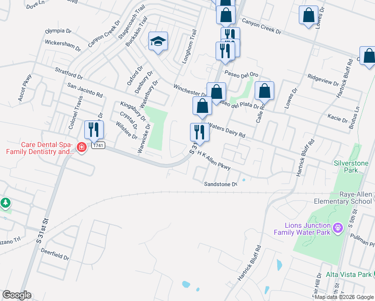 map of restaurants, bars, coffee shops, grocery stores, and more near 5115 Leaning Tree in Temple
