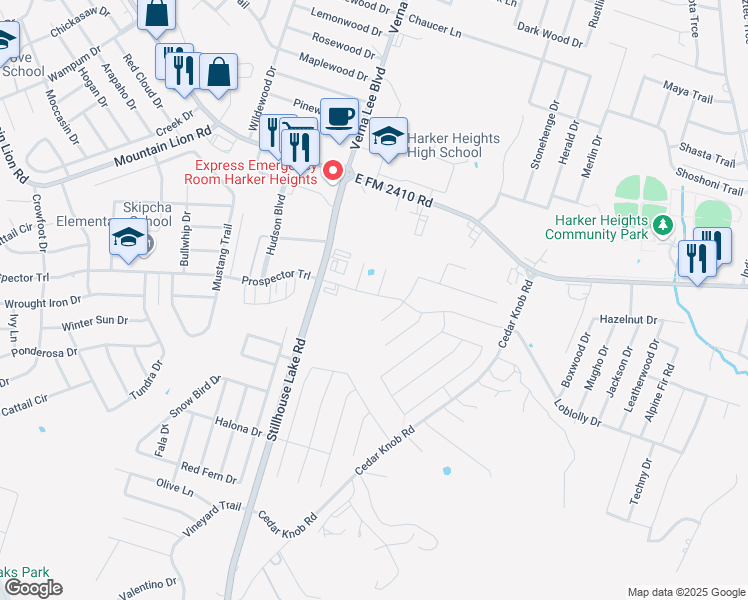 map of restaurants, bars, coffee shops, grocery stores, and more near 1104 Prospector Trail in Harker Heights