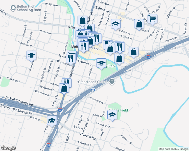 map of restaurants, bars, coffee shops, grocery stores, and more near 512 East Avenue C in Belton
