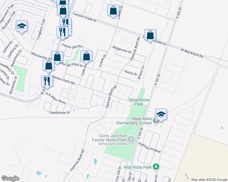 map of restaurants, bars, coffee shops, grocery stores, and more near 4809 Hartrick Bluff Road in Temple