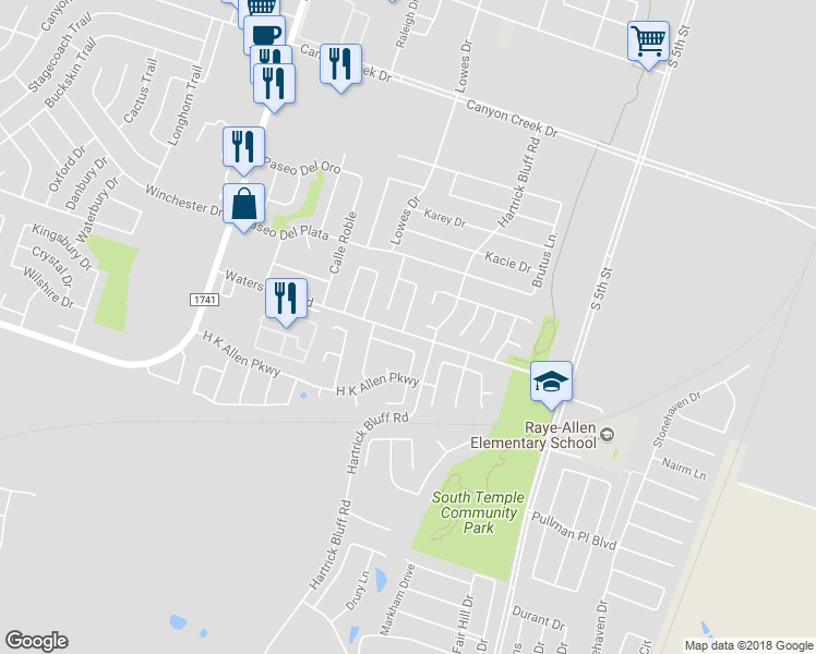 map of restaurants, bars, coffee shops, grocery stores, and more near 4809 High Pointe Drive in Temple