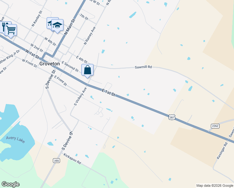 map of restaurants, bars, coffee shops, grocery stores, and more near 592 East 1st Street in Groveton