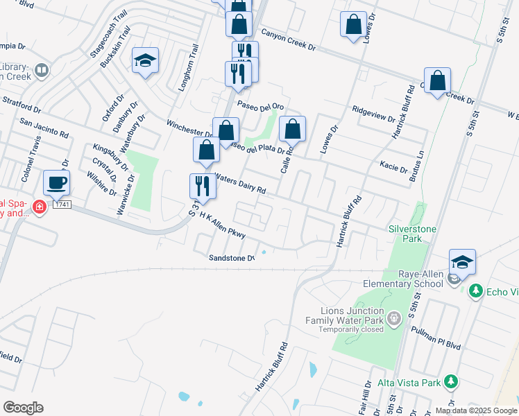 map of restaurants, bars, coffee shops, grocery stores, and more near 1213 Waters Dairy Road in Temple