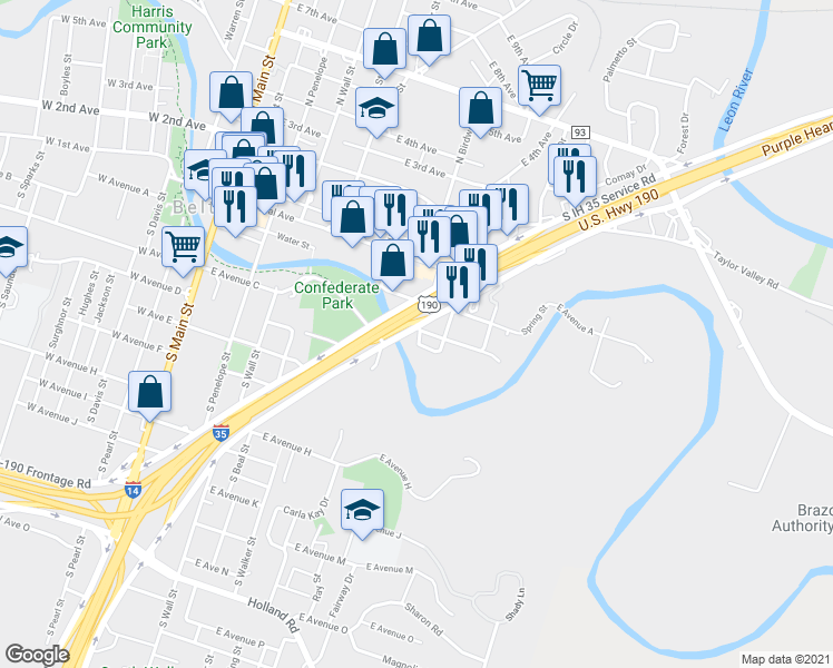 map of restaurants, bars, coffee shops, grocery stores, and more near 301 East Avenue C in Belton