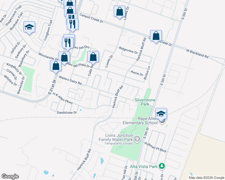 map of restaurants, bars, coffee shops, grocery stores, and more near 4809 High Pointe Drive in Temple