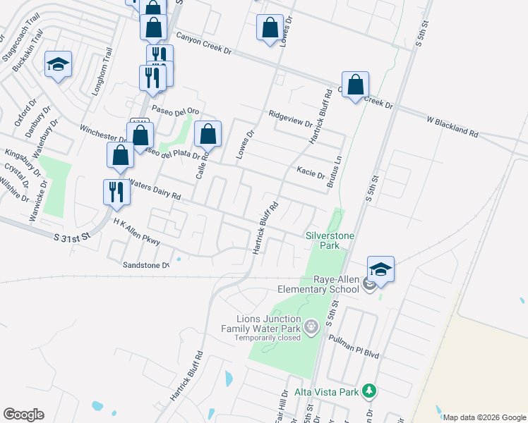 map of restaurants, bars, coffee shops, grocery stores, and more near 4809 Hartrick Bluff Road in Temple