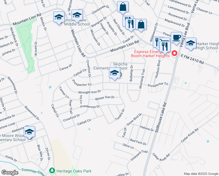 map of restaurants, bars, coffee shops, grocery stores, and more near 417 Wrought Iron Drive in Harker Heights