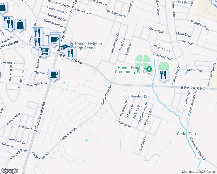 map of restaurants, bars, coffee shops, grocery stores, and more near 2926 Cedar Knob Road in Harker Heights