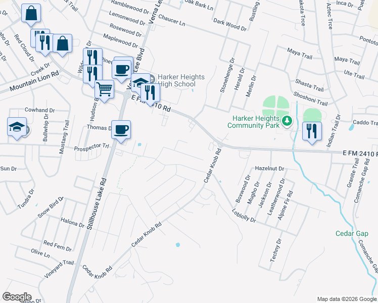 map of restaurants, bars, coffee shops, grocery stores, and more near 2962 Cedar Knob Road in Harker Heights