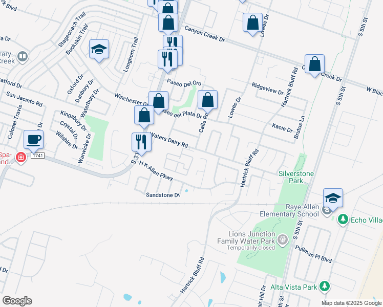 map of restaurants, bars, coffee shops, grocery stores, and more near 1213 Waters Dairy Road in Temple