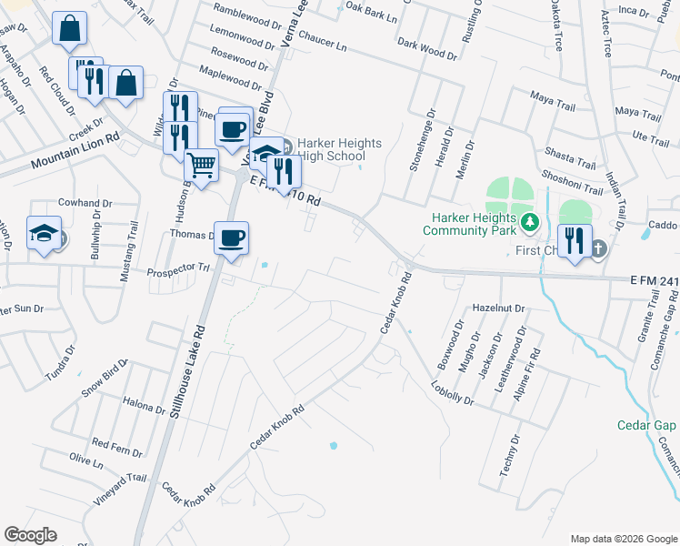 map of restaurants, bars, coffee shops, grocery stores, and more near 1280 Farm to Market 2410 in Harker Heights