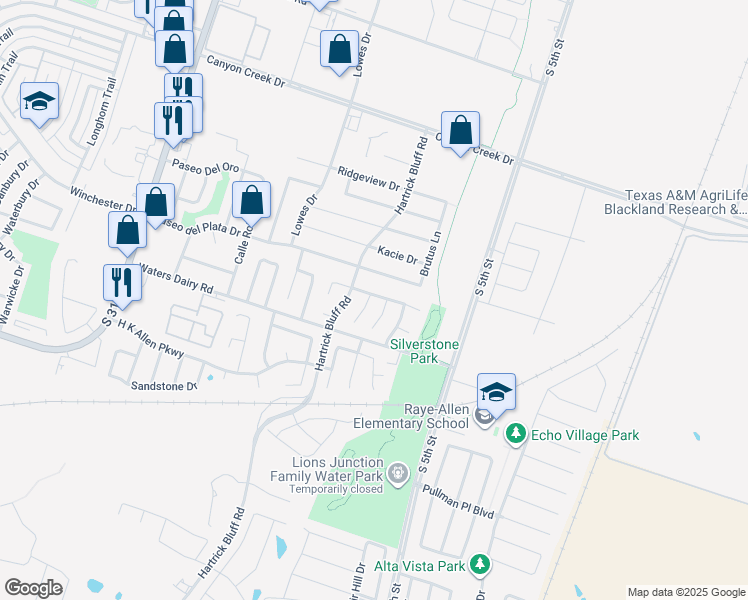 map of restaurants, bars, coffee shops, grocery stores, and more near 621 Paseo del Plata Drive in Temple