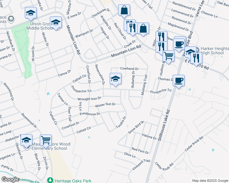 map of restaurants, bars, coffee shops, grocery stores, and more near 514 Prospector Trail in Harker Heights