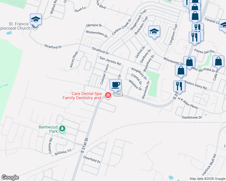 map of restaurants, bars, coffee shops, grocery stores, and more near 5205 J I Bruce Drive in Temple