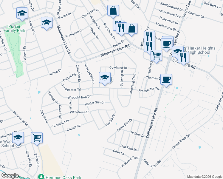 map of restaurants, bars, coffee shops, grocery stores, and more near 501 Tundra Drive in Harker Heights