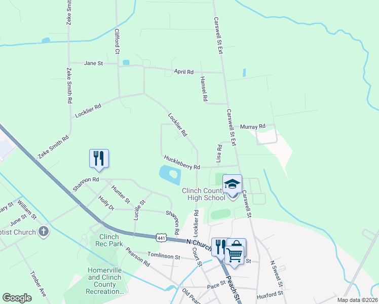 map of restaurants, bars, coffee shops, grocery stores, and more near 455 Locklier Road in Homerville