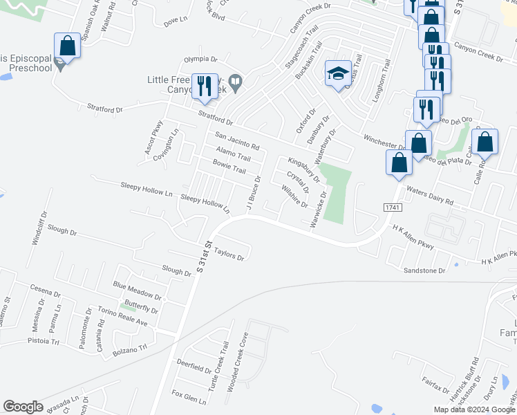 map of restaurants, bars, coffee shops, grocery stores, and more near 5122 Waterford Court in Temple