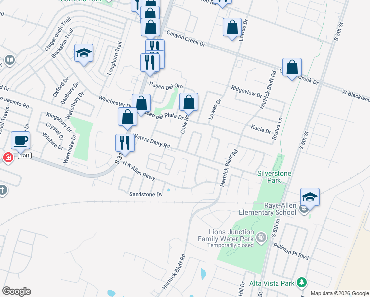 map of restaurants, bars, coffee shops, grocery stores, and more near 4901 Calle Roble in Temple