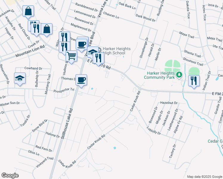 map of restaurants, bars, coffee shops, grocery stores, and more near 1280 Farm to Market 2410 in Harker Heights