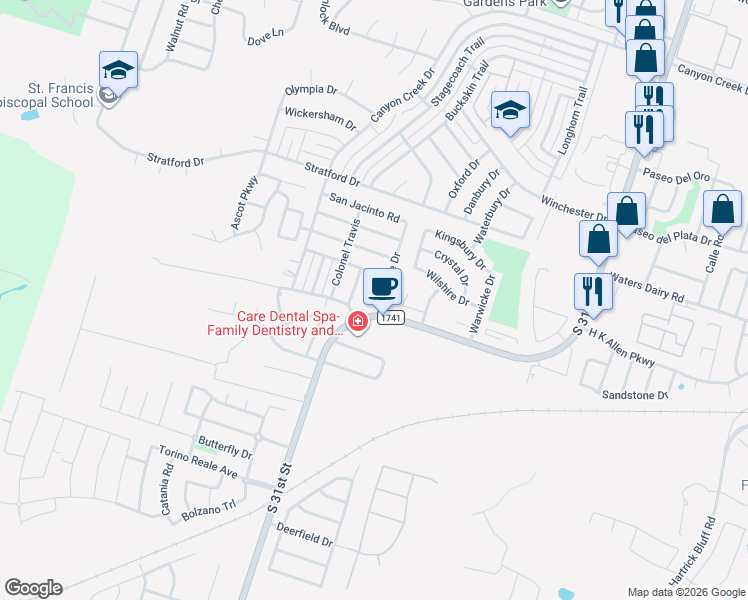 map of restaurants, bars, coffee shops, grocery stores, and more near 5205 J I Bruce Drive in Temple