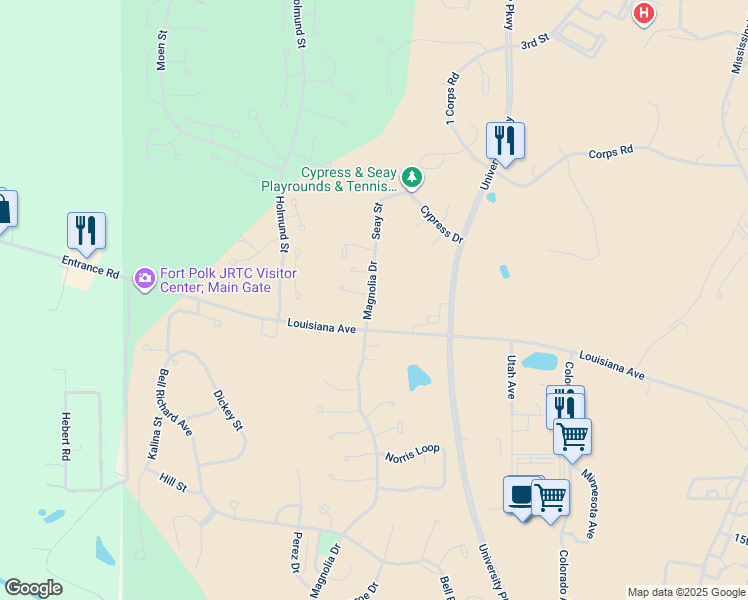 map of restaurants, bars, coffee shops, grocery stores, and more near 7059 Magnolia Drive in Leesville