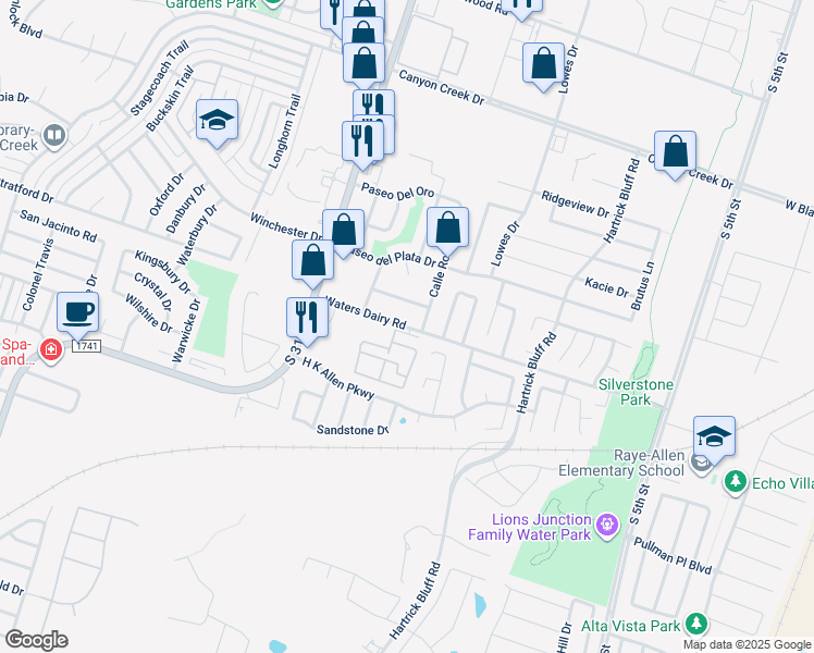 map of restaurants, bars, coffee shops, grocery stores, and more near 1213 Waters Dairy Road in Temple