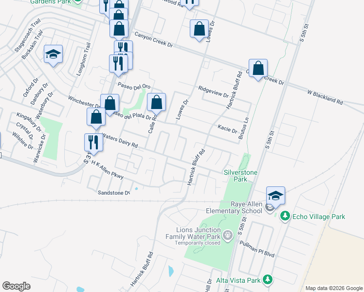 map of restaurants, bars, coffee shops, grocery stores, and more near 4706 High Pointe Drive in Temple