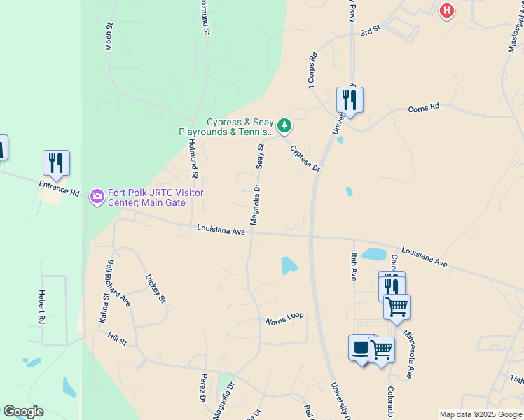 map of restaurants, bars, coffee shops, grocery stores, and more near 7059 Magnolia Drive in Leesville