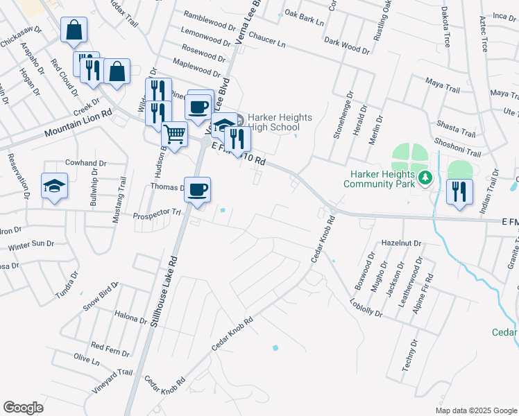 map of restaurants, bars, coffee shops, grocery stores, and more near 2308 Verona Court in Harker Heights