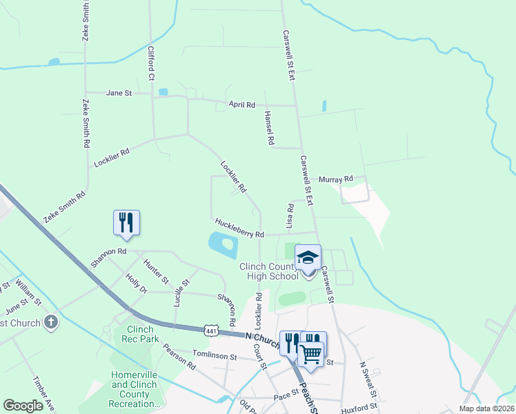 map of restaurants, bars, coffee shops, grocery stores, and more near 455 Locklier Road in Homerville